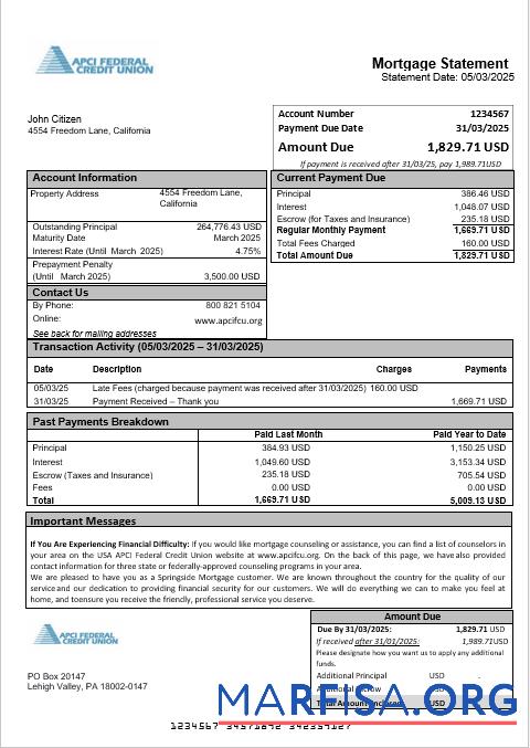 Downloadable USA APCI Federal Credit Union mortgage statement in Word and PDF formats download for verification